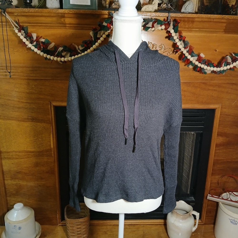 lett Bari Hoodie Charcoal Grey Ribbed Knit Sweater